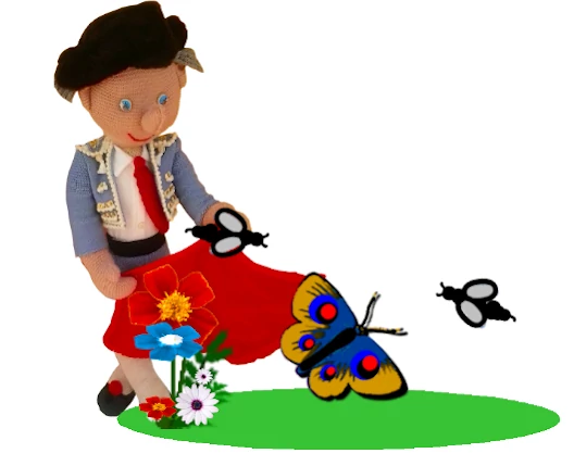 torero de peluche toreando dos mosquitos y una mariposa