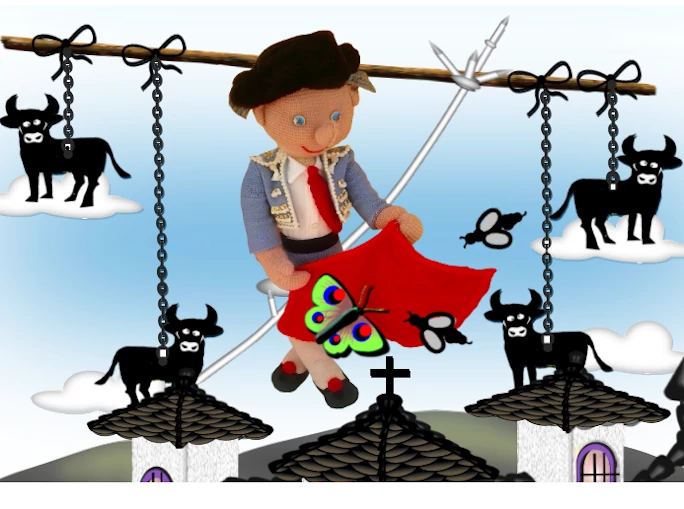 torero de peluche toreando cuatro toros de cartón