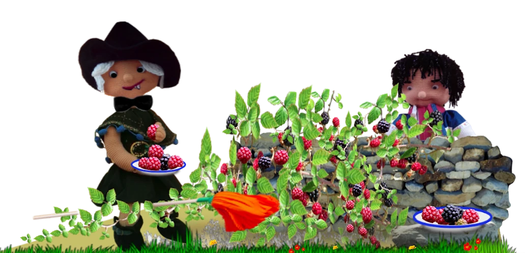 Bruja y Serafín comiendo moras. Peluches